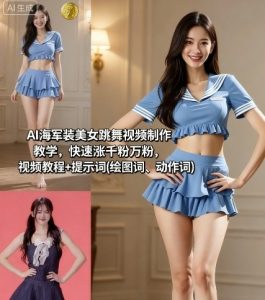 AI海军装美女跳舞视频制作教学,快速涨千粉万粉,视频教程+提示词(绘图词、动作词)-圆梦资源站