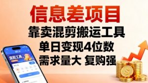 信息差项目,靠卖混剪搬运工具,单日变现4位数,需求量大,复购强,操作简单,几分钟一条视频-圆梦资源站
