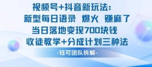 视频号加抖音新玩法:爆火新型每日语录,收徒教学加分成计划,三种变现玩法,当日变现7张-圆梦资源站