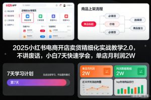 2025小红书电商开店卖货精细化实战教学2.0，不讲废话，小白7天快速学会，单店月利润2W-圆梦资源站