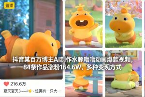 抖音某百万博主AI制作水豚噜噜动画爆款视频，84条作品涨粉164.6W，多种变现方式-圆梦资源站